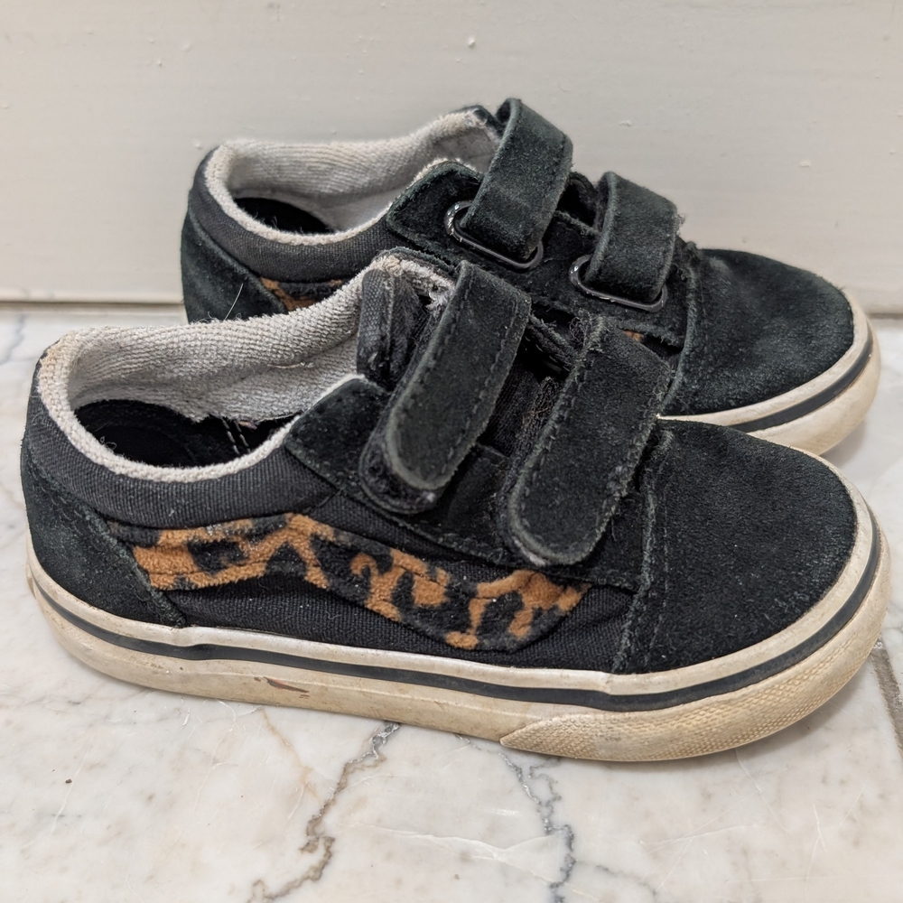 Vans Old skool V Pro Black Suede And Leopard Velcro Sneakers 7 Toddler